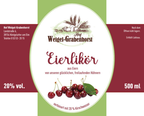 Grafikbeispiel eines ovalen Eierliköretiketts mit Kirschen in den Farben weinrot, grün und weiß